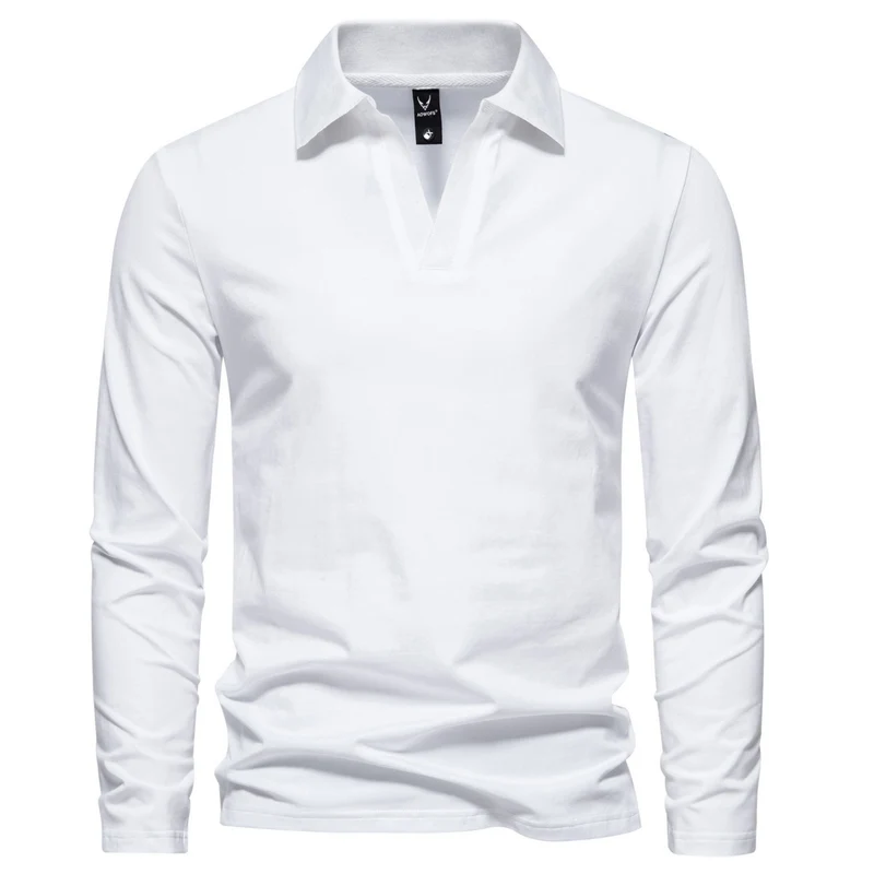 Herren Langarm-Poloshirt mit offenem V-Ausschnitt und Kentkragen Drune