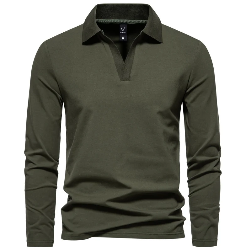 Herren Langarm-Poloshirt mit offenem V-Ausschnitt und Kentkragen Drune
