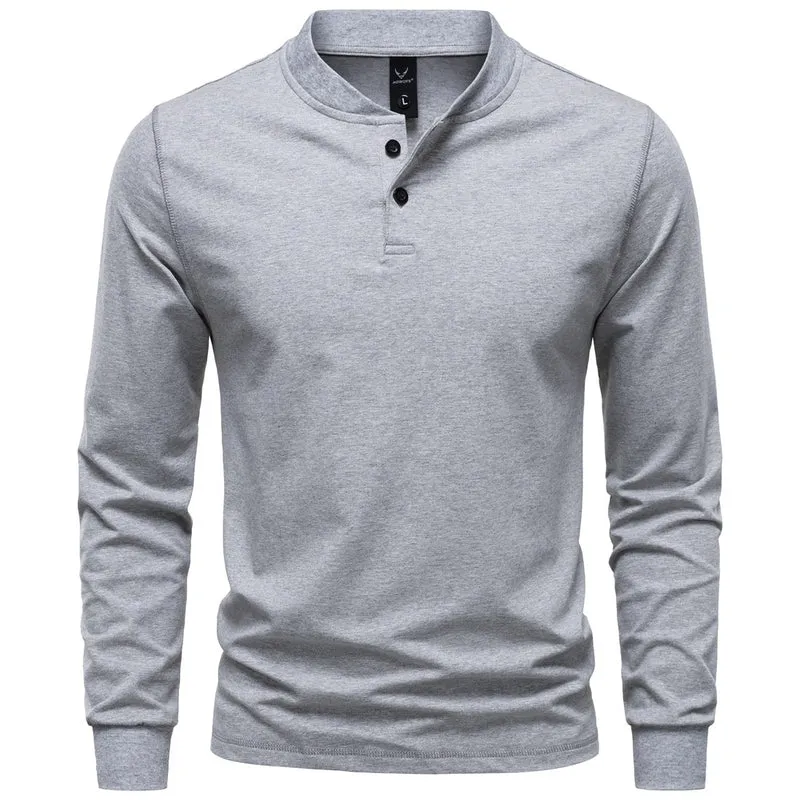 Herren Langarm-Henleyshirt mit Stehkragen und zweifacher Knopfleiste, Slim Fit, Baumwoll-Mix Drune