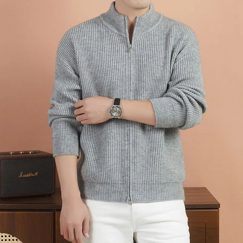 Herren Kuscheliger Zip-Pullover aus Mohair-Mix mit feiner Rippstruktur und Stehkragen Drune