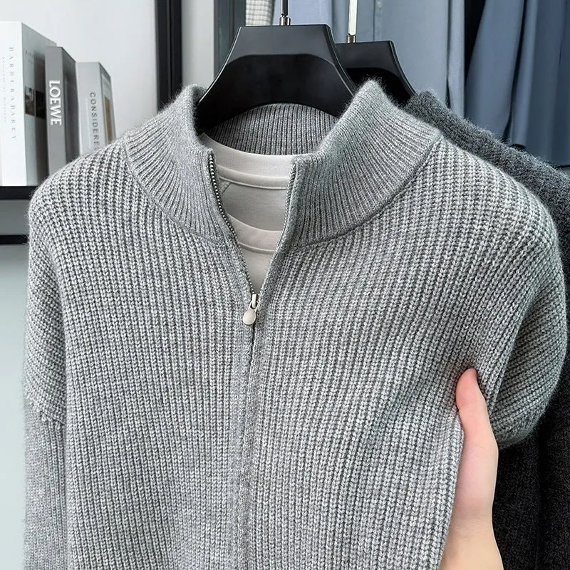 Herren Kuscheliger Zip-Pullover aus Mohair-Mix mit feiner Rippstruktur und Stehkragen Drune