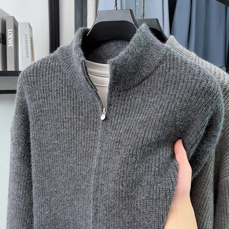 Herren Kuscheliger Zip-Pullover aus Mohair-Mix mit feiner Rippstruktur und Stehkragen Drune