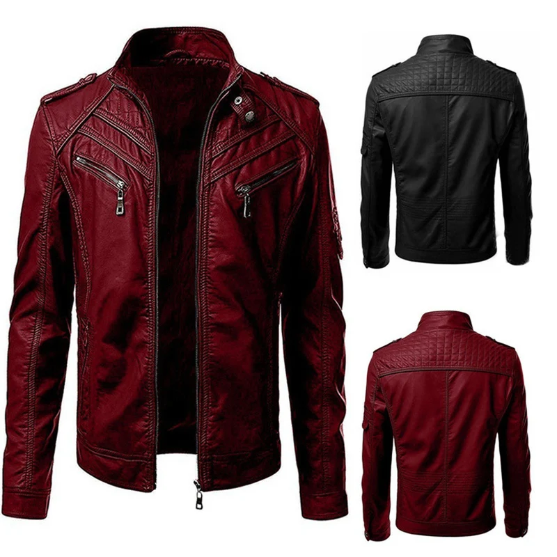 Herren Kunstleder-Bikerjacke mit Stehkragen, Ziernähten und Reißverschlusstaschen Drune