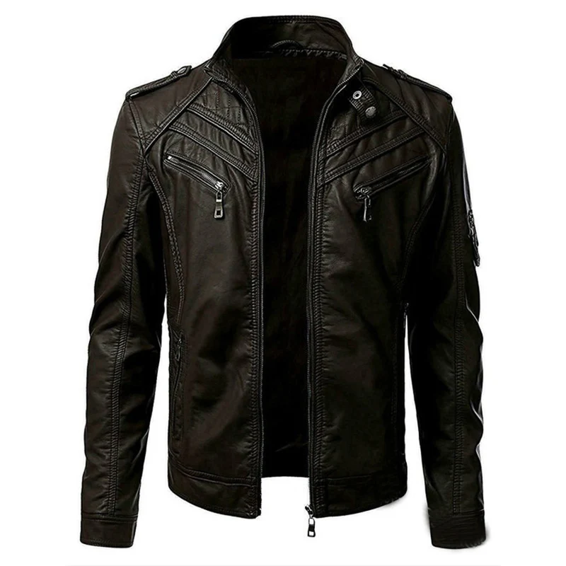 Herren Kunstleder-Bikerjacke mit Stehkragen, Ziernähten und Reißverschlusstaschen Drune