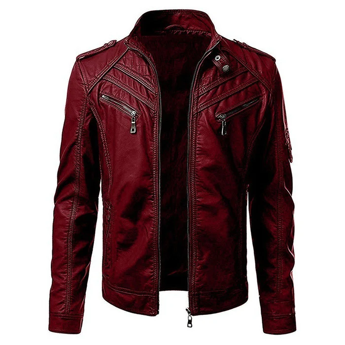Herren Kunstleder-Bikerjacke mit Stehkragen, Ziernähten und Reißverschlusstaschen Drune
