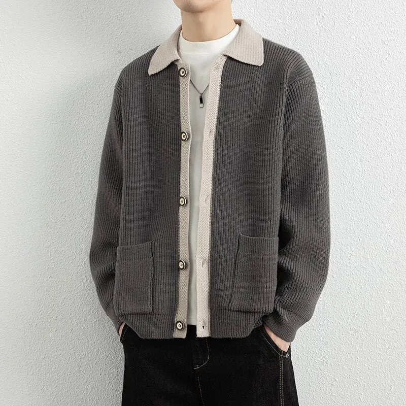 Herren Kontrastkragen-Strickjacke mit durchgehender Knopfleiste und aufgesetzten Taschen Drune