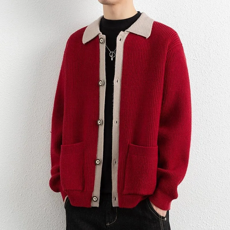 Herren Kontrastkragen-Strickjacke mit durchgehender Knopfleiste und aufgesetzten Taschen Drune