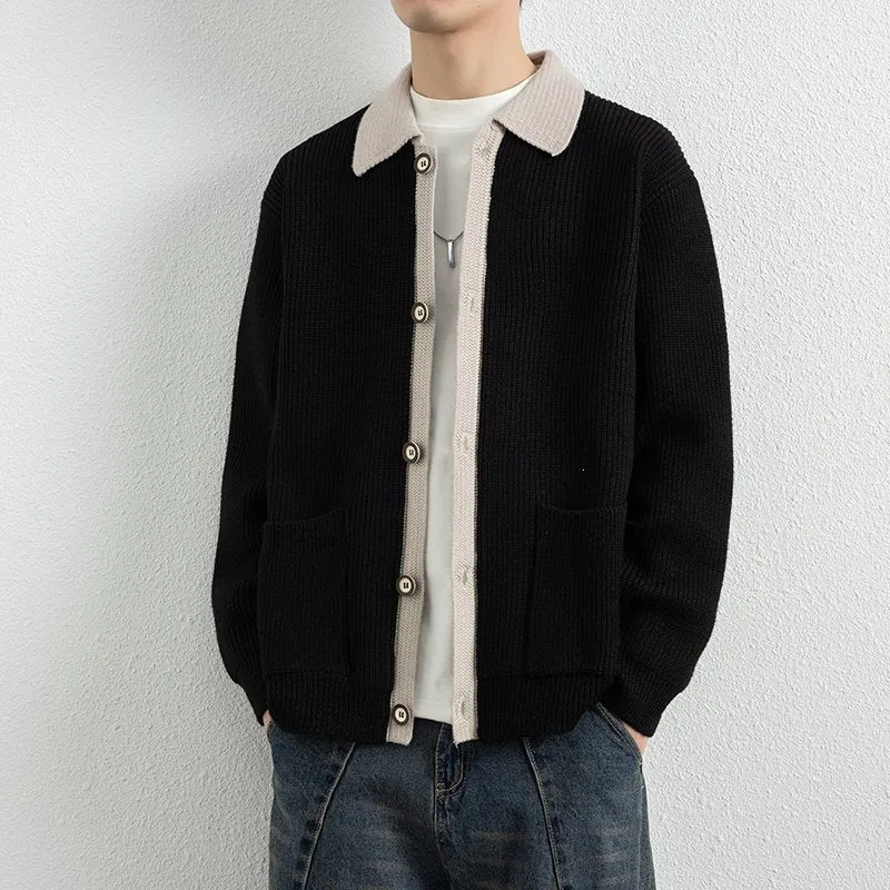Herren Kontrastkragen-Strickjacke mit durchgehender Knopfleiste und aufgesetzten Taschen Drune