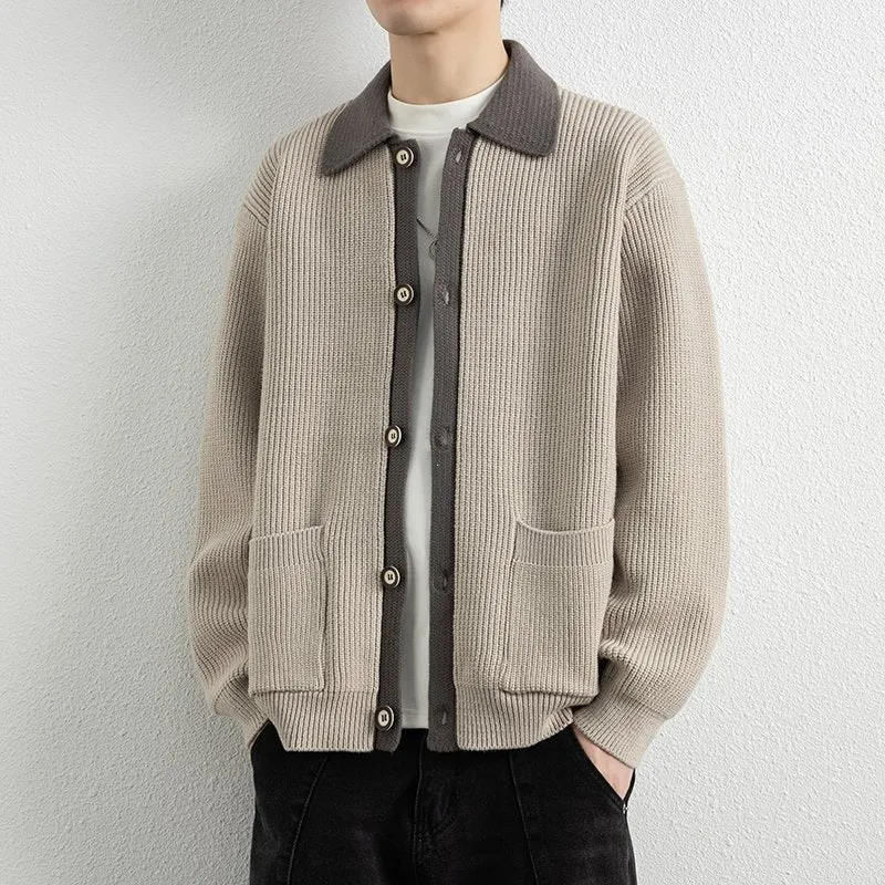 Herren Kontrastkragen-Strickjacke mit durchgehender Knopfleiste und aufgesetzten Taschen Drune
