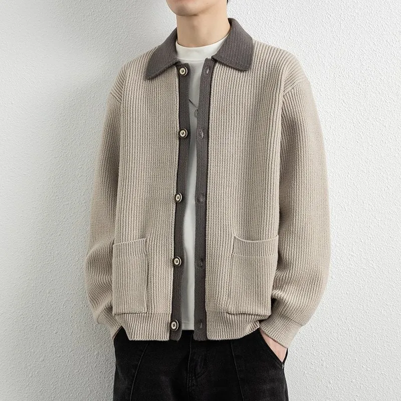 Herren Kontrastkragen-Strickjacke mit durchgehender Knopfleiste und aufgesetzten Taschen Drune
