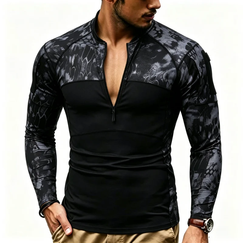 Herren Kompressions-Langarmtop mit Halbzip und taktischem Camouflage-Design Drune
