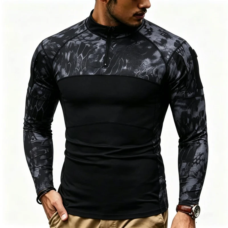 Herren Kompressions-Langarmtop mit Halbzip und taktischem Camouflage-Design Drune