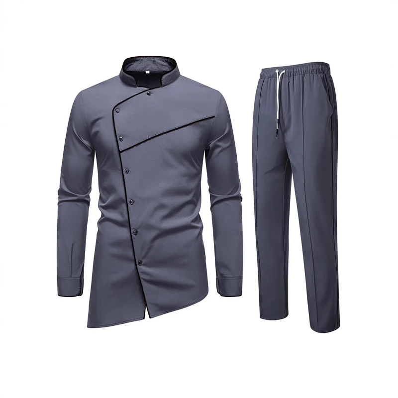Herren Kochjacke- und Hose-Set aus pflegeleichtem Mikrofaser mit asymmetrischer Knopfleiste und schwarzer Paspelierung Drune