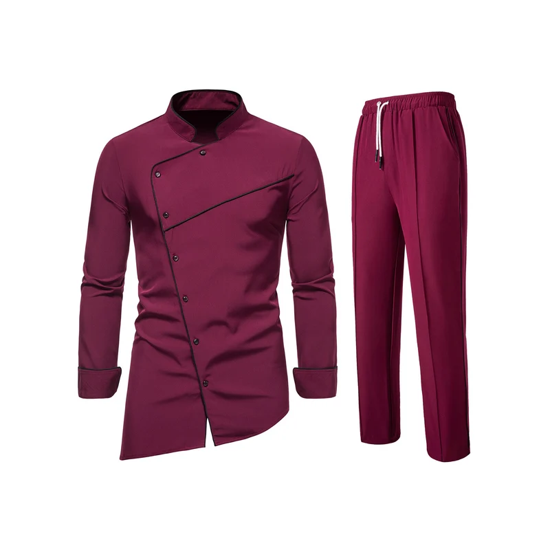 Herren Kochjacke- und Hose-Set aus pflegeleichtem Mikrofaser mit asymmetrischer Knopfleiste und schwarzer Paspelierung Drune
