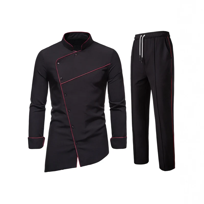 Herren Kochjacke- und Hose-Set aus pflegeleichtem Mikrofaser mit asymmetrischer Knopfleiste und schwarzer Paspelierung Drune