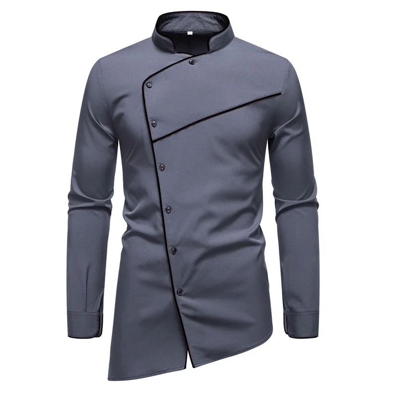Herren Kochjacke- und Hose-Set aus pflegeleichtem Mikrofaser mit asymmetrischer Knopfleiste und schwarzer Paspelierung Drune