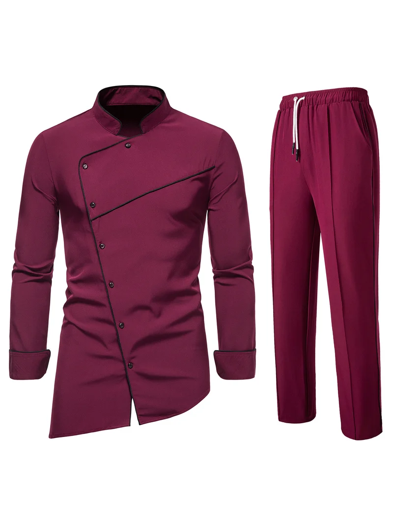 Herren Kochjacke- und Hose-Set aus pflegeleichtem Mikrofaser mit asymmetrischer Knopfleiste und schwarzer Paspelierung Drune