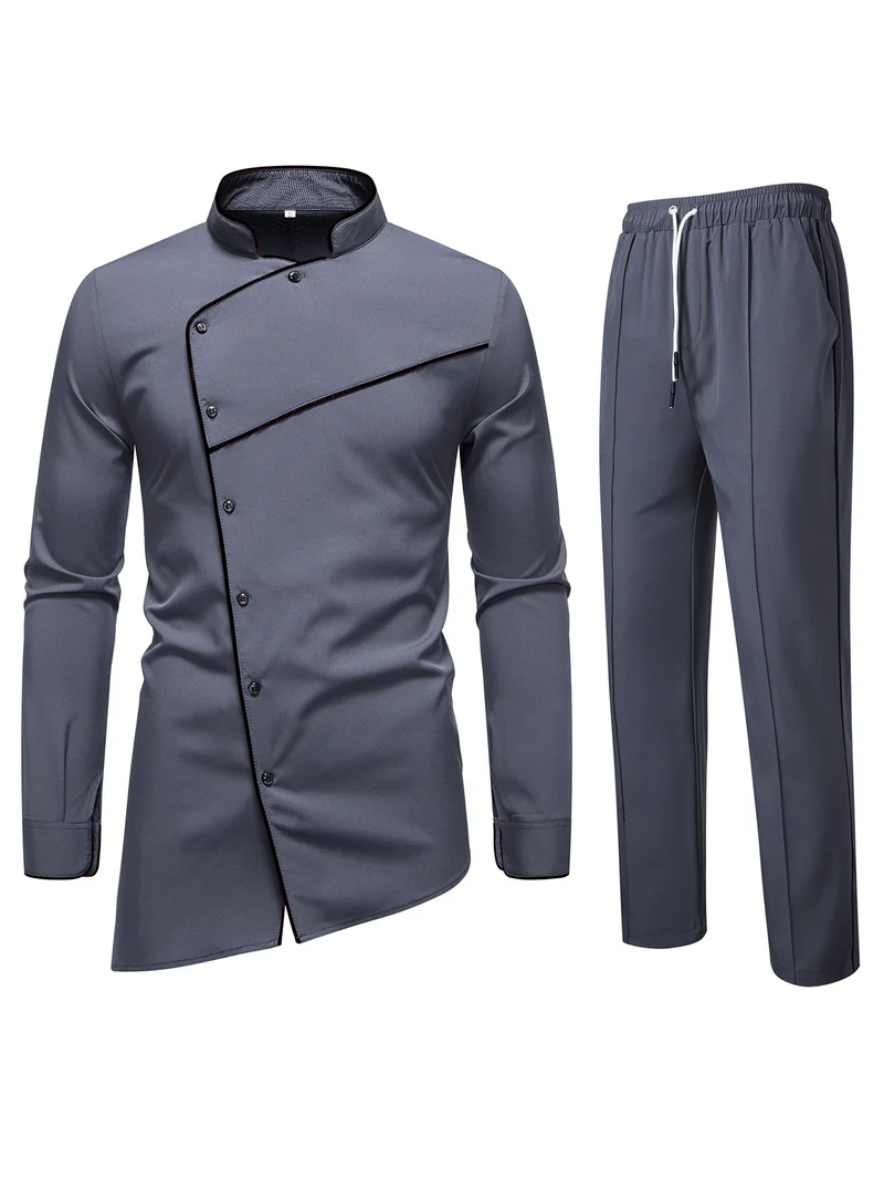 Herren Kochjacke- und Hose-Set aus pflegeleichtem Mikrofaser mit asymmetrischer Knopfleiste und schwarzer Paspelierung Drune