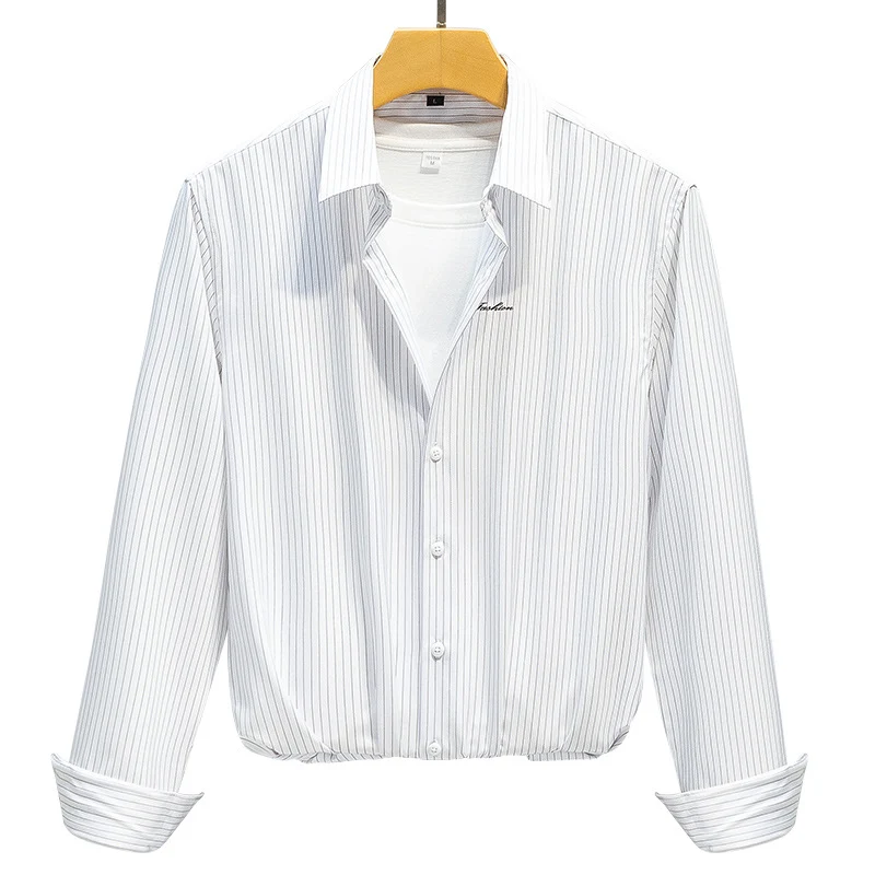 Herren Klassisches gestreiftes Business‑Hemd aus Baumwollmix mit Kentkragen und Brustlogo Drune