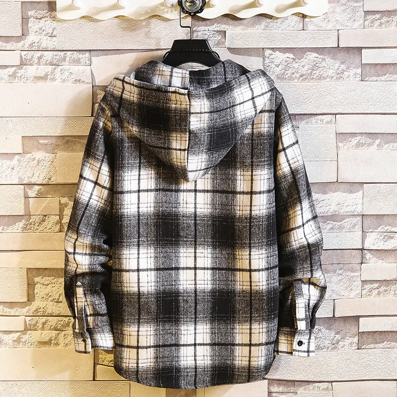 Herren Karo‑Flanell‑Hoodie‑Overshirt mit Kapuze, Brusttasche und Knopfleiste Drune