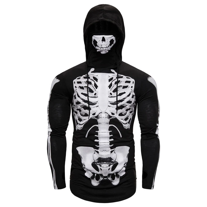Herren Kapuzenpullover mit Skelett-Print, integriertem Multifunktionstuch und taillierter Passform Drune