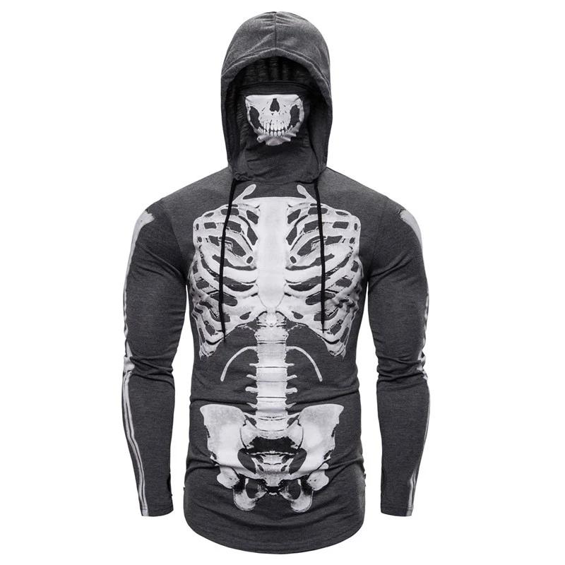 Herren Kapuzenpullover mit Skelett-Print, integriertem Multifunktionstuch und taillierter Passform Drune