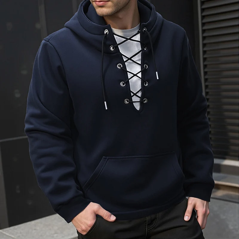 Herren Kapuzenpullover im Casual‑Look mit V‑Schnürung, Kängurutasche und gerippten Bündchen Drune