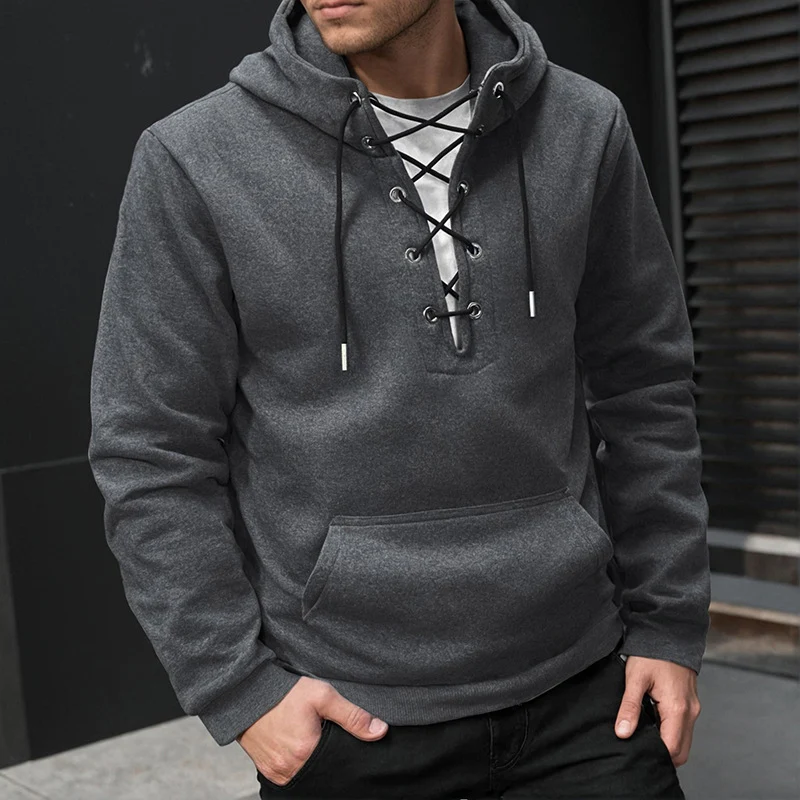 Herren Kapuzenpullover im Casual‑Look mit V‑Schnürung, Kängurutasche und gerippten Bündchen Drune