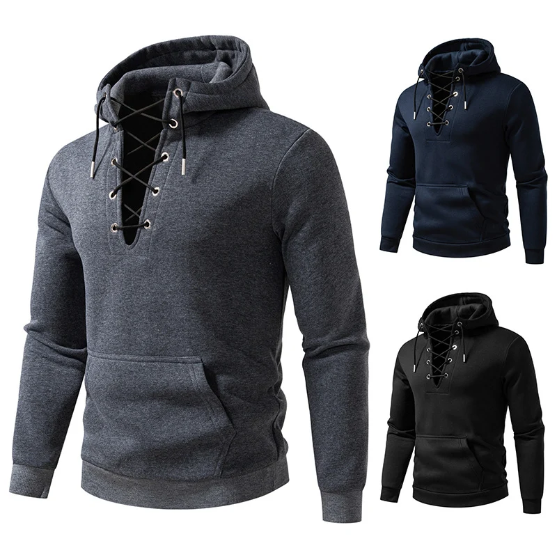 Herren Kapuzenpullover im Casual‑Look mit V‑Schnürung, Kängurutasche und gerippten Bündchen Drune