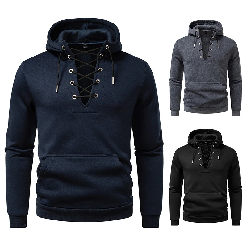 Herren Kapuzenpullover im Casual‑Look mit V‑Schnürung, Kängurutasche und gerippten Bündchen Drune