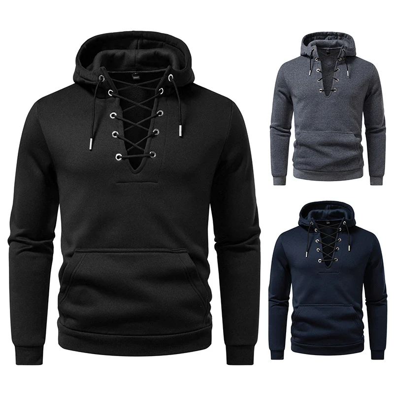 Herren Kapuzenpullover im Casual‑Look mit V‑Schnürung, Kängurutasche und gerippten Bündchen Drune