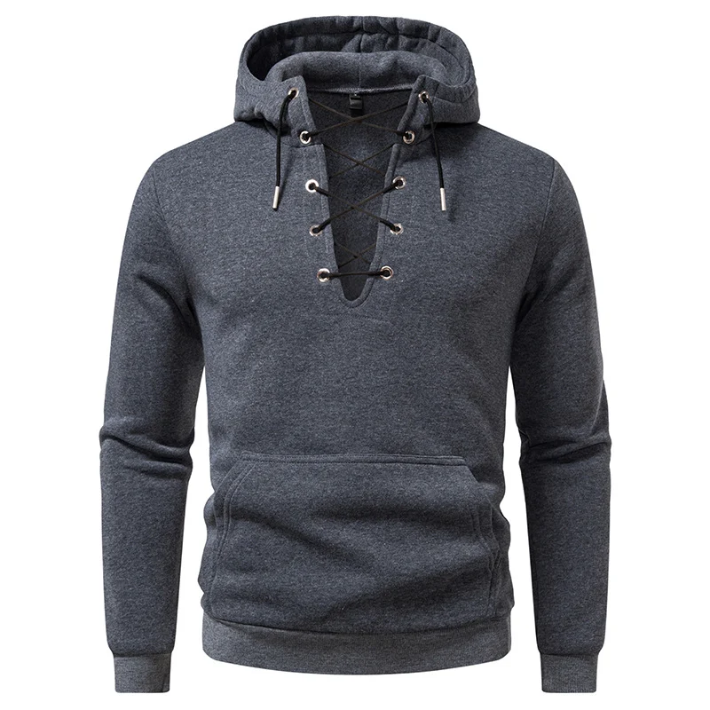 Herren Kapuzenpullover im Casual‑Look mit V‑Schnürung, Kängurutasche und gerippten Bündchen Drune