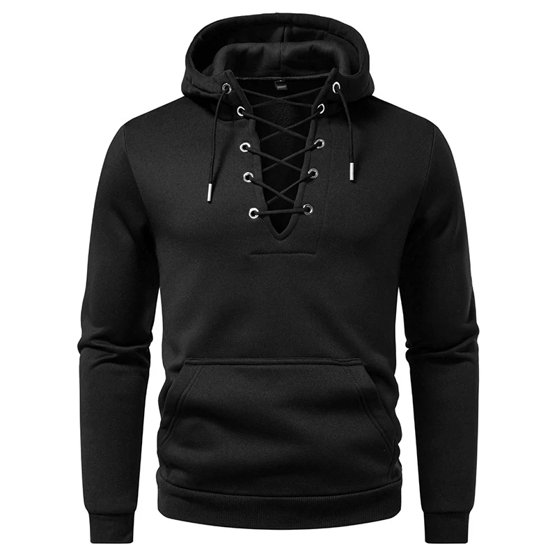 Herren Kapuzenpullover im Casual‑Look mit V‑Schnürung, Kängurutasche und gerippten Bündchen Drune