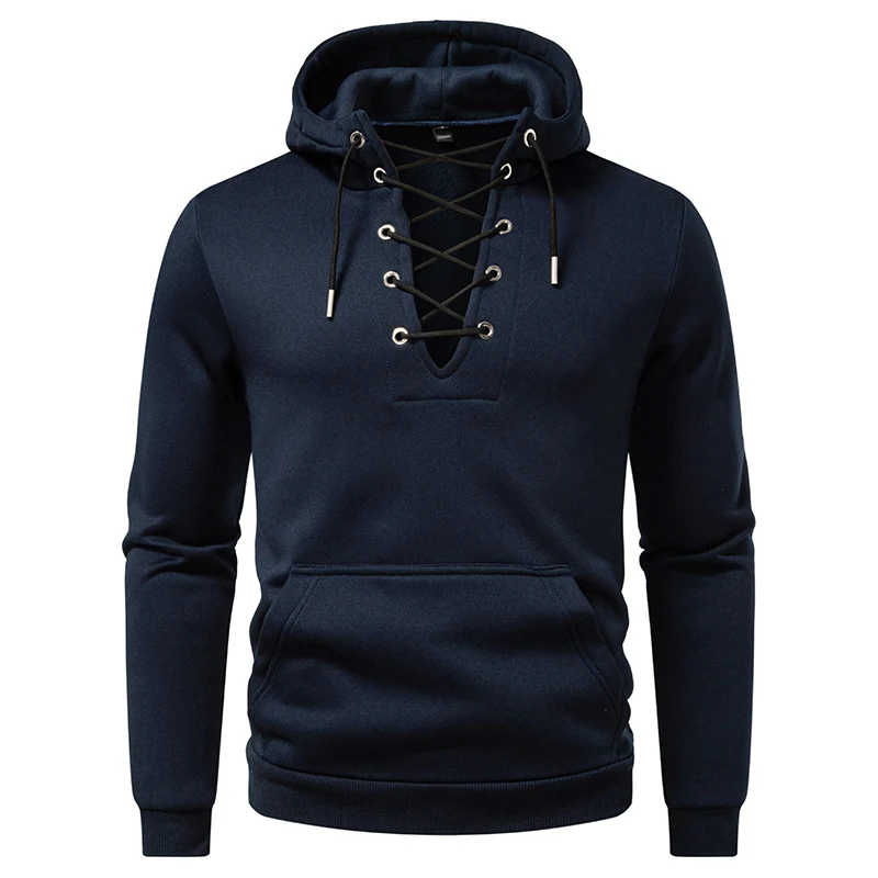 Herren Kapuzenpullover im Casual‑Look mit V‑Schnürung, Kängurutasche und gerippten Bündchen Drune