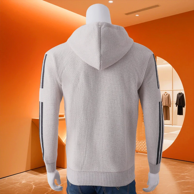 Herren Kapuzen-Sweatjacke mit Reißverschluss, texturierter Strick, Seitentaschen und Kontraststreifen Drune