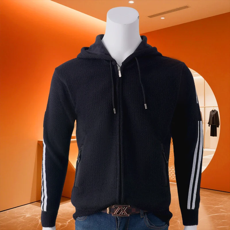 Herren Kapuzen-Sweatjacke mit Reißverschluss, texturierter Strick, Seitentaschen und Kontraststreifen Drune