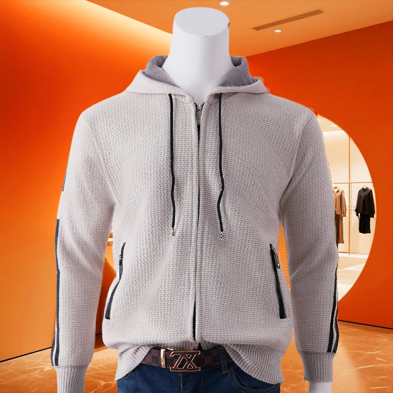 Herren Kapuzen-Sweatjacke mit Reißverschluss, texturierter Strick, Seitentaschen und Kontraststreifen Drune