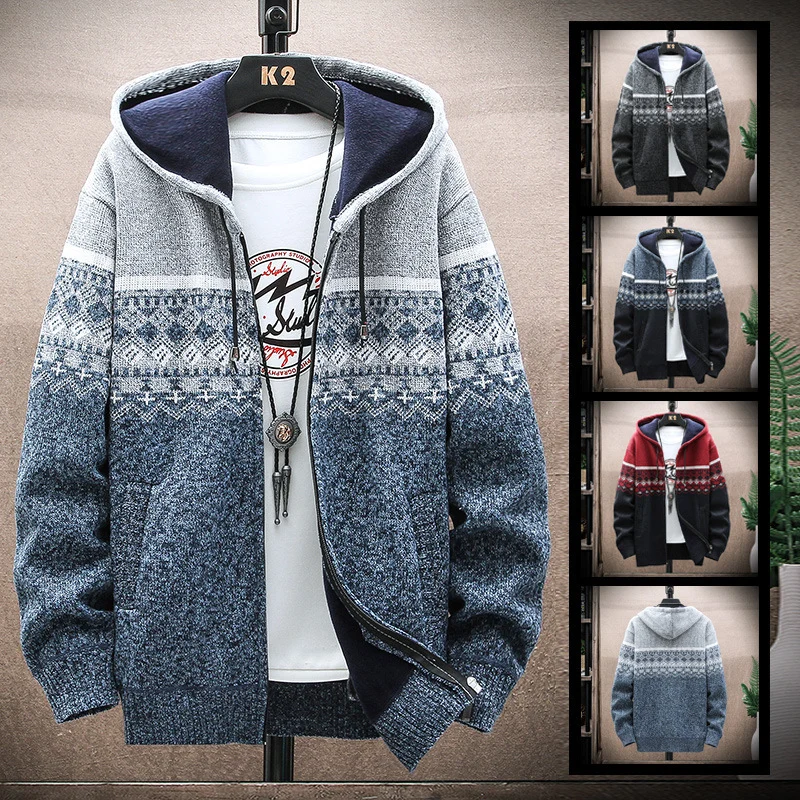 Herren Kapuzen-Strickzipjacke mit Norweger-Jacquard und weichem Futter Drune
