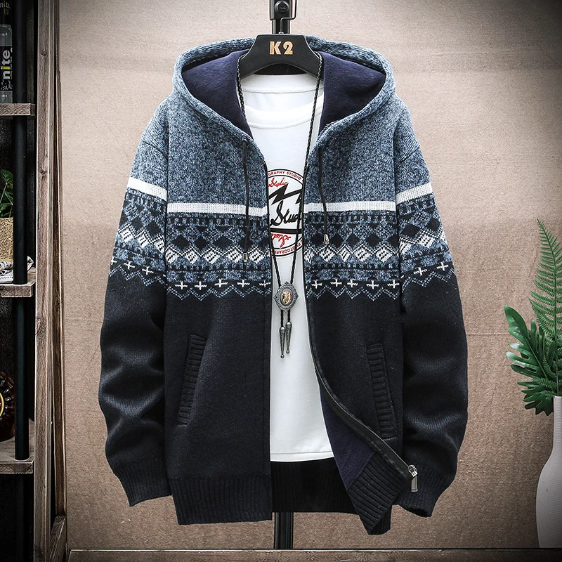 Herren Kapuzen-Strickzipjacke mit Norweger-Jacquard und weichem Futter Drune