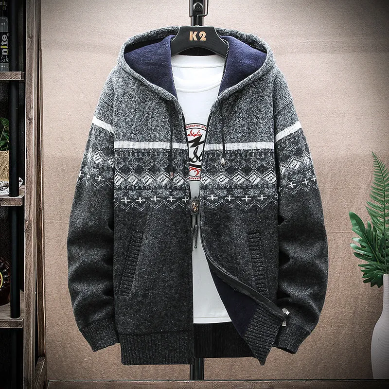 Herren Kapuzen-Strickzipjacke mit Norweger-Jacquard und weichem Futter Drune