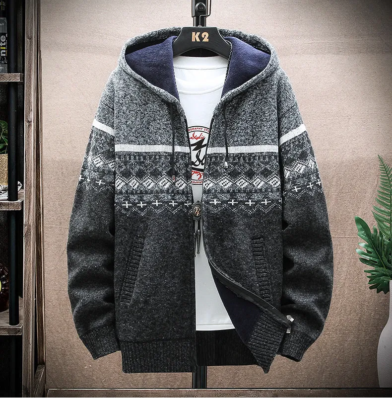 Herren Kapuzen-Strickzipjacke mit Norweger-Jacquard und weichem Futter Drune