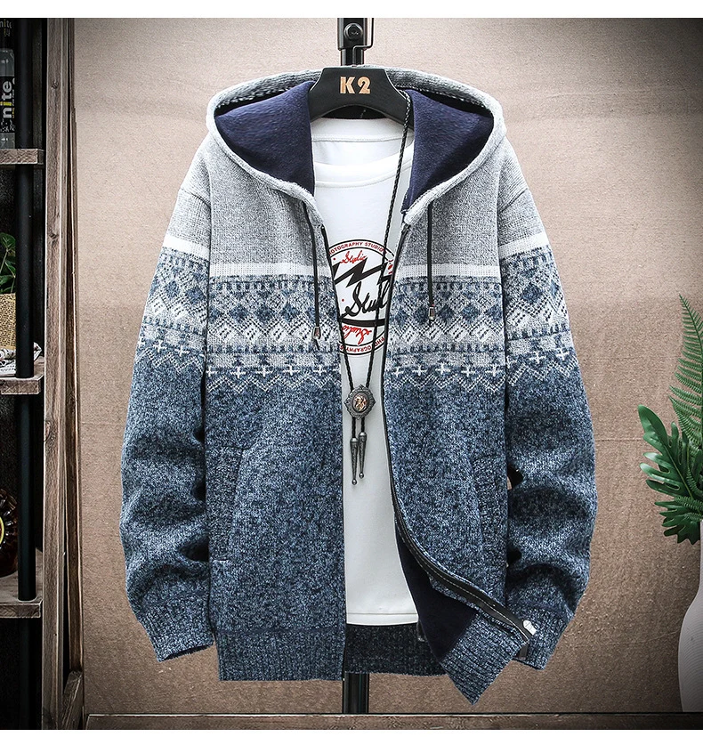 Herren Kapuzen-Strickzipjacke mit Norweger-Jacquard und weichem Futter Drune