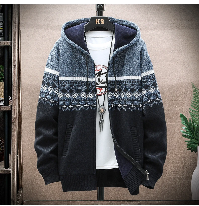 Herren Kapuzen-Strickzipjacke mit Norweger-Jacquard und weichem Futter Drune