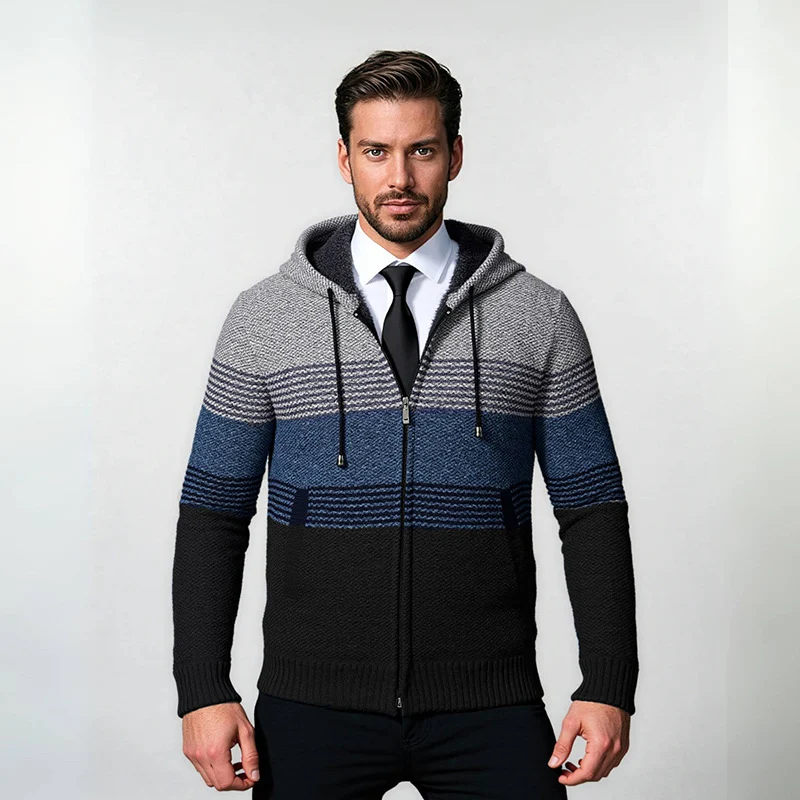 Herren Kapuzen-Strickzipjacke mit farbverlaufendem Blockstreifenmuster und thermischer Struktur Drune