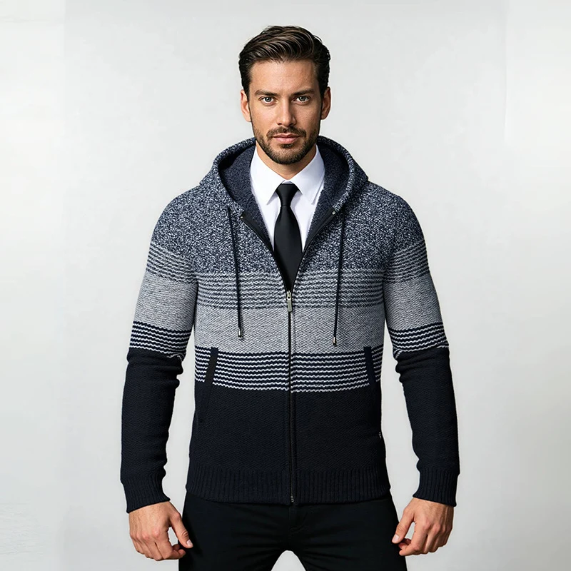 Herren Kapuzen-Strickzipjacke mit farbverlaufendem Blockstreifenmuster und thermischer Struktur Drune