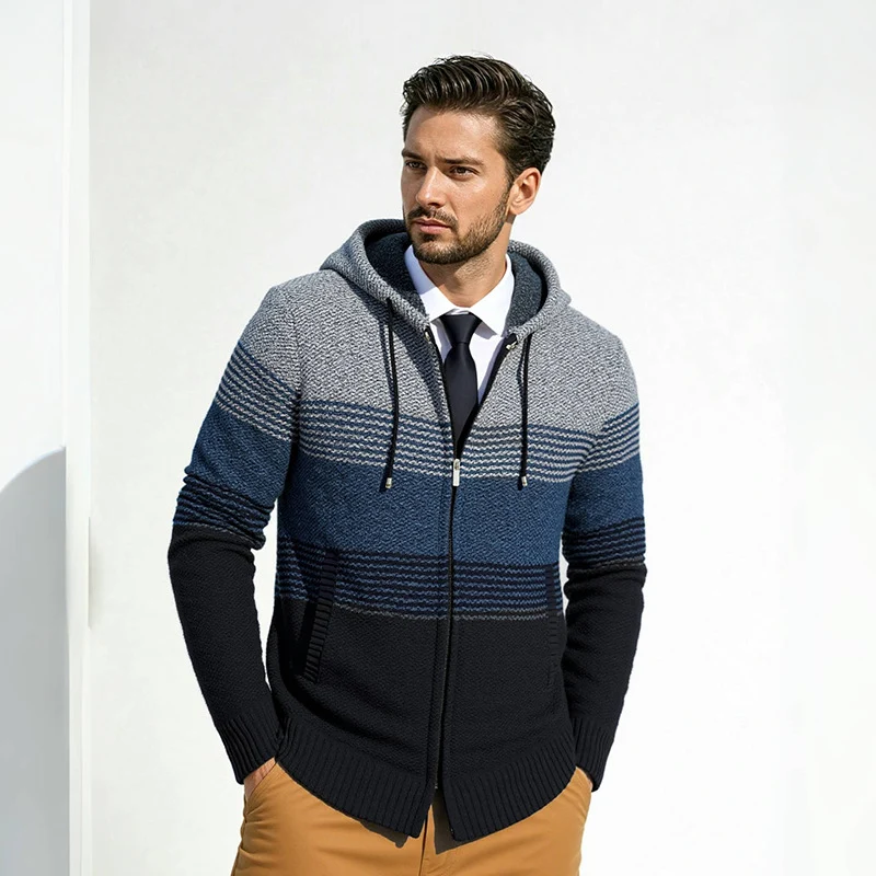 Herren Kapuzen-Strickzipjacke mit farbverlaufendem Blockstreifenmuster und thermischer Struktur Drune