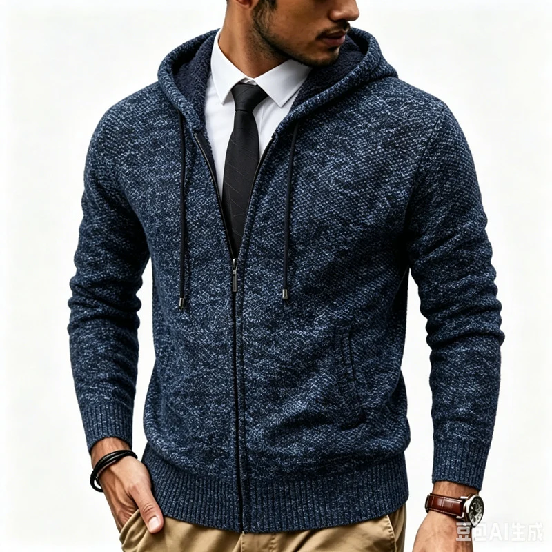 Herren Kapuzen-Strickjacke mit Teddyfutter und durchgehendem Reißverschluss Drune