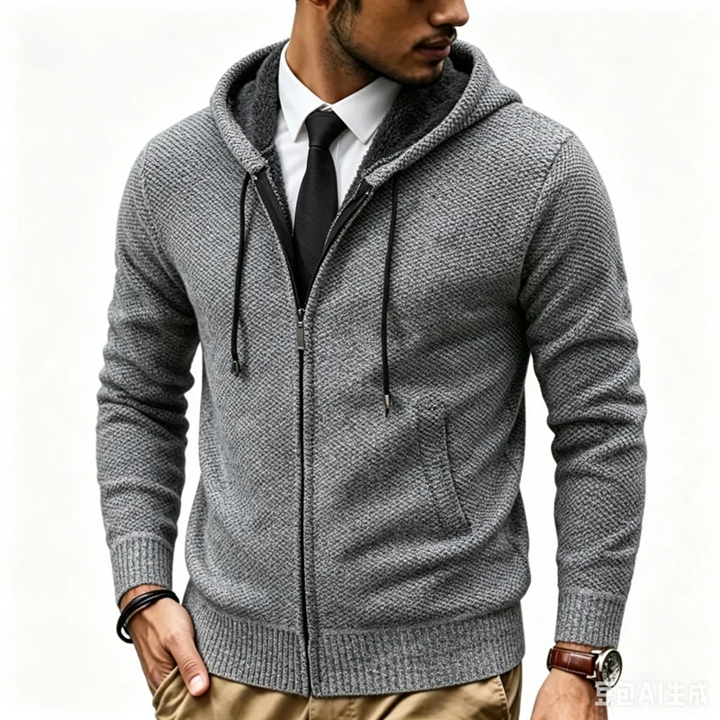 Herren Kapuzen-Strickjacke mit Teddyfutter und durchgehendem Reißverschluss Drune