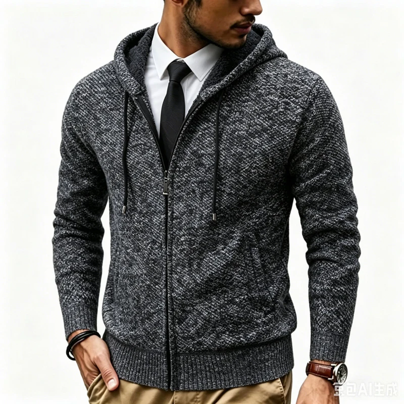 Herren Kapuzen-Strickjacke mit Teddyfutter und durchgehendem Reißverschluss Drune