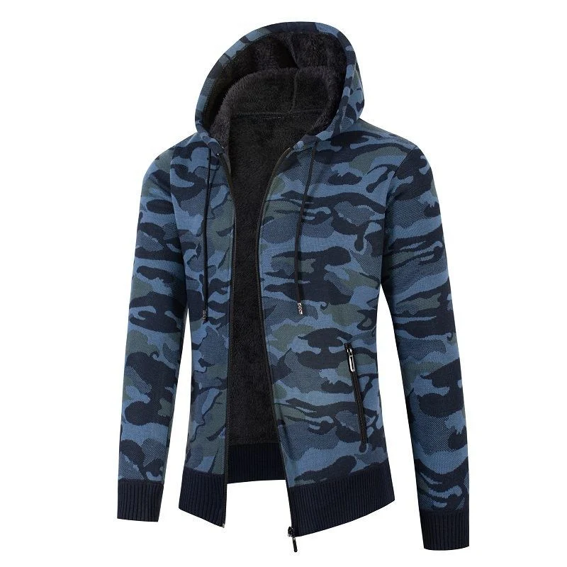 Herren Kapuzen‑Strickjacke mit Teddyfutter, Reißverschluss und Camouflage‑Struktur Drune